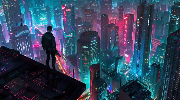 A man in a black leather jacket stands on a rooftop looking out over a vast city The city is a sea of lights The man is alone and he looks lost