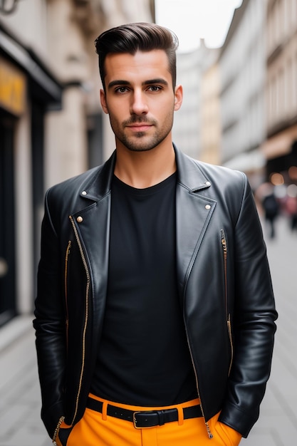 A man in a black leather jacket stands in the street.