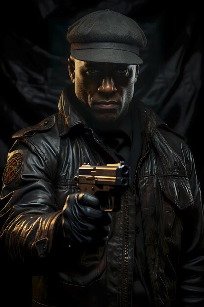 Мужчина в черной кожаной куртке с пистолетом