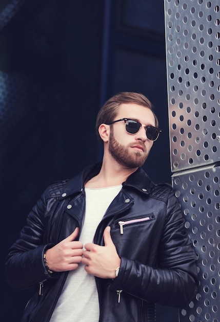 man in a black leather jacket