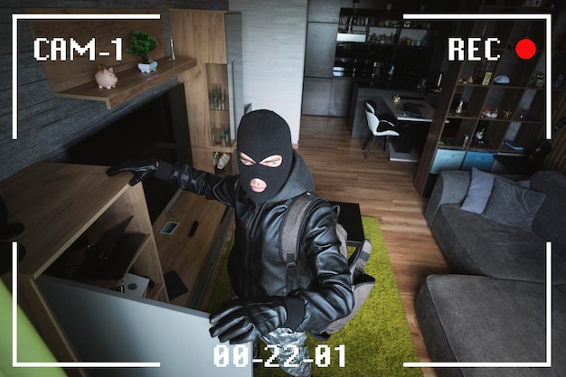A man in a black mask is trying to rob a house There is recording on an outdoor video surveillance camera The robber noticed a security camera Robbery of a private house Criminal concept