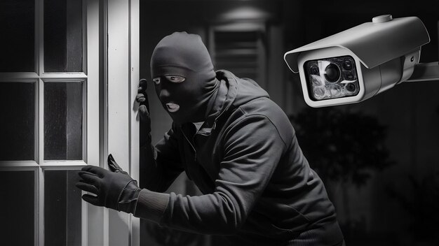 Photo a man in a black mask is trying to rob a house there is recording on an outdoor video surveillance