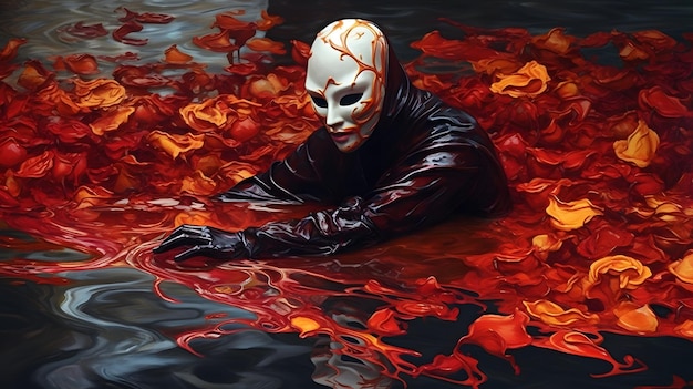 A man in a black mask swims in a body of water with leaves on it.