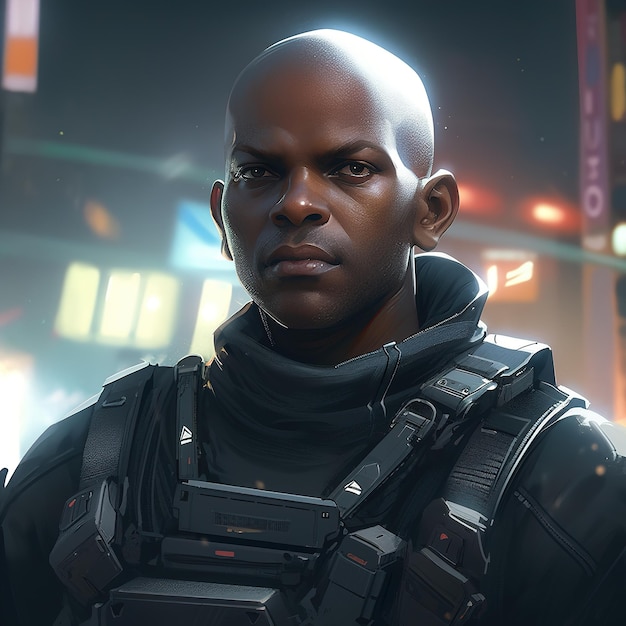 A man in a black military suit with a city in a background