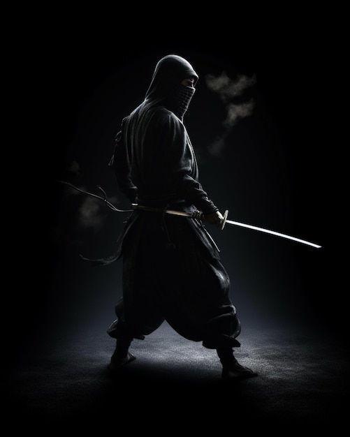 Мужчина в черном костюме с мечом в руке.