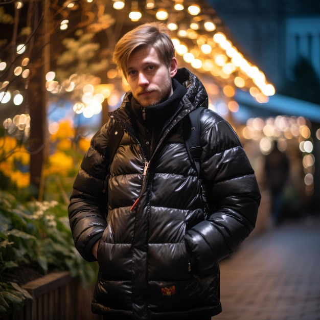 a man in a black puffer jacket standing on a sidewalk at night