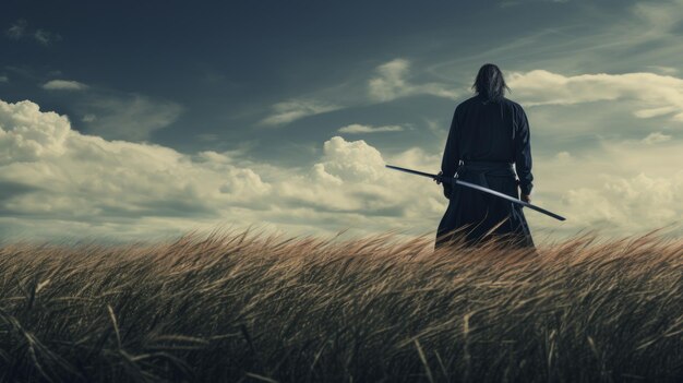 Photo a man in a black robe holding a sword in a field of grass