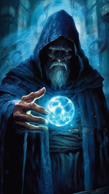 검은 옷을 입은 남자가 마법이라는 단어가 적힌 파란 공을 들고 있습니다.
