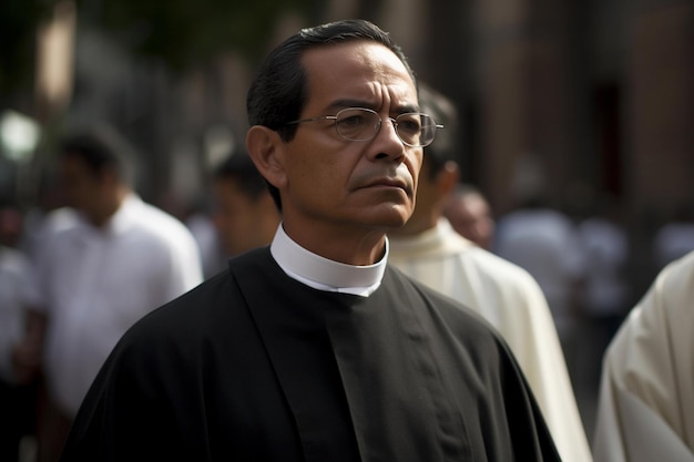 A man in a black robe stands in a crowd with other people in the background.