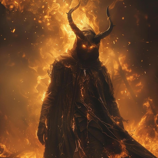 a man in a black robe stands in front of a fire with horns on his head