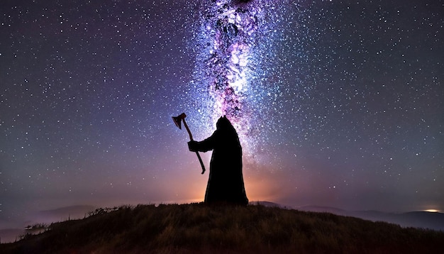 A man in a black robe stands in front of a galaxy of stars.