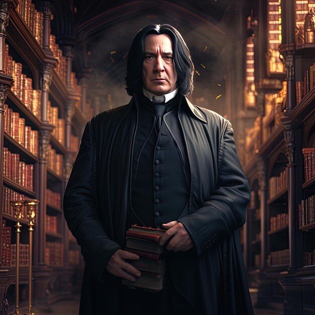 Photo a man in a black robe stands in front of a library full of books