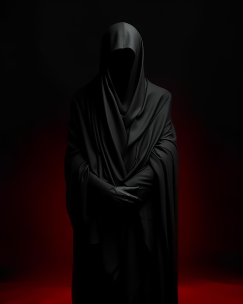 A man in a black robe stands in front of a red background