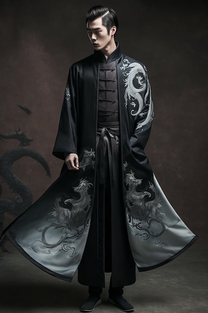 A man in a black robe with a dragon design on the front.