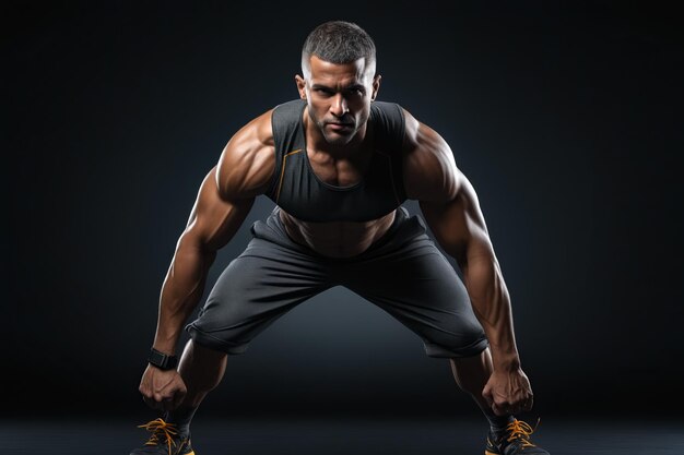 Man in black shirt and black pants is doing squat