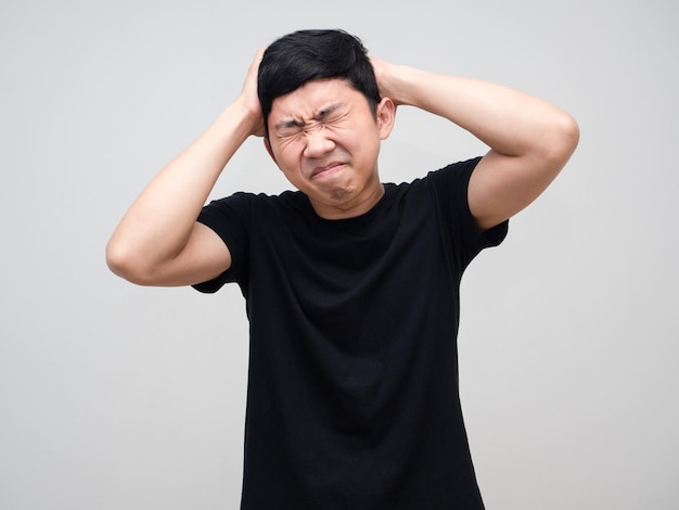 Man black shirt feels headache isolated