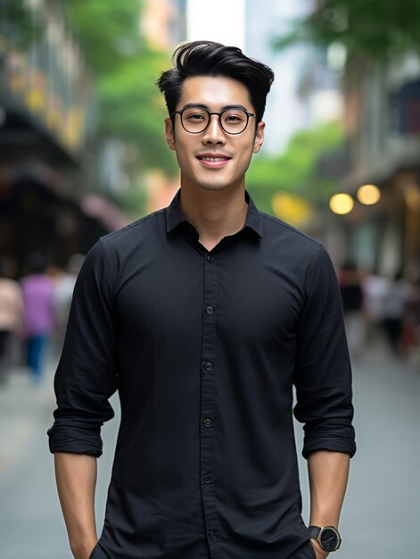 Man in Black Shirt and Glasses Standing on Street