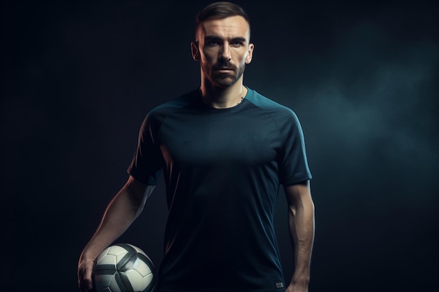 A man in a black shirt holds a soccer ball in his hands.