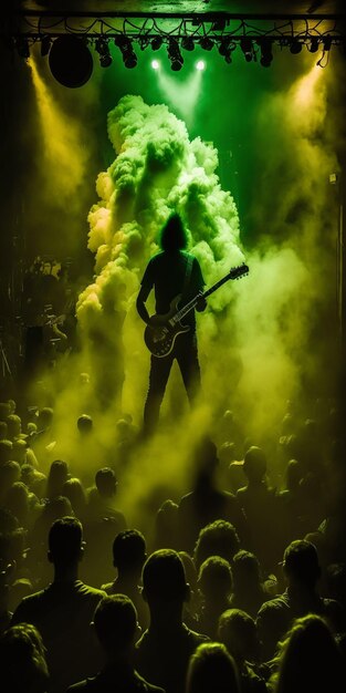 A man in black shirt is playing guitar smoke filled stage generative ai