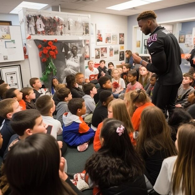 a man in a black shirt is standing in front of a group of children