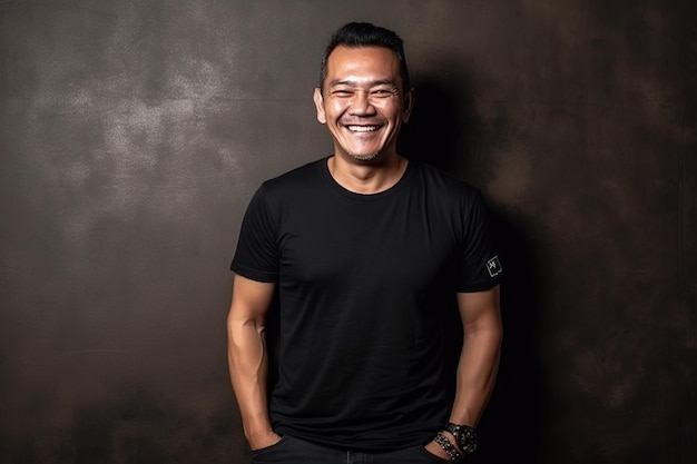 A man in a black shirt smiles in front of a brown wall.