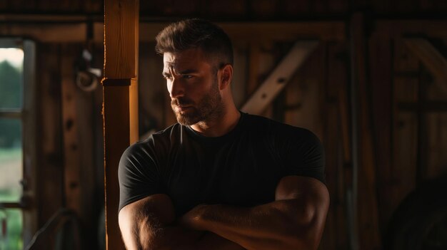 A man in a black shirt standing in hay