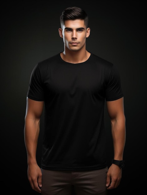 a man in a black shirt stands in front of a black background