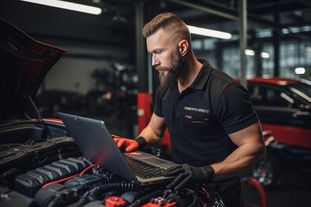 Photo a man in a black shirt with a laptop in front of him