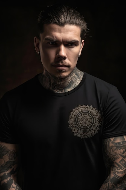 A man in a black shirt with a tattoo on his arm