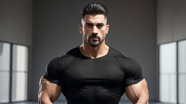 A man in a black shirt with the word gym on the front