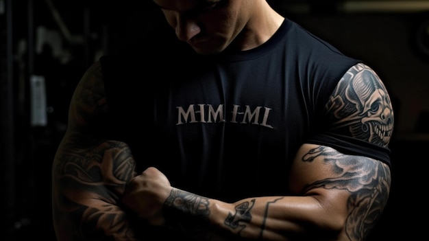 A man in a black shirt with the word minm on it