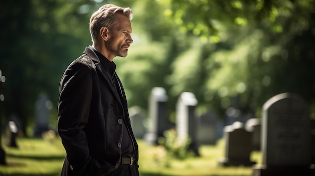 A man in black stands in a cemetery on a sunny summer day