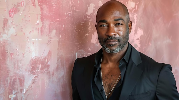 A man in a black suit and a gold chain necklace is standing in front of a pink wall