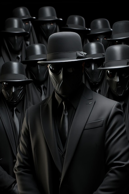 Photo a man in a black suit and hat with a black mask