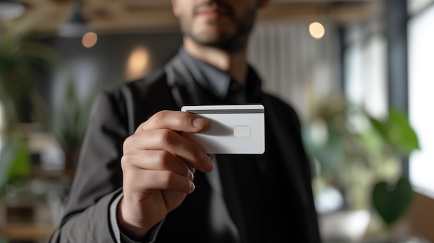 Man in a black suit holding a white card