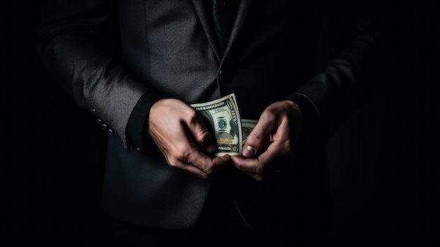 a man in a black suit holds a dollar bill in his hands.