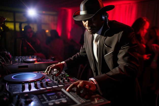 A man in a black suit is playing a dj in a nightclub