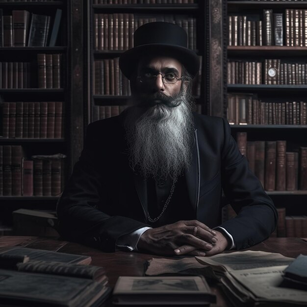 Photo a man in a black suit sits at a desk with many books