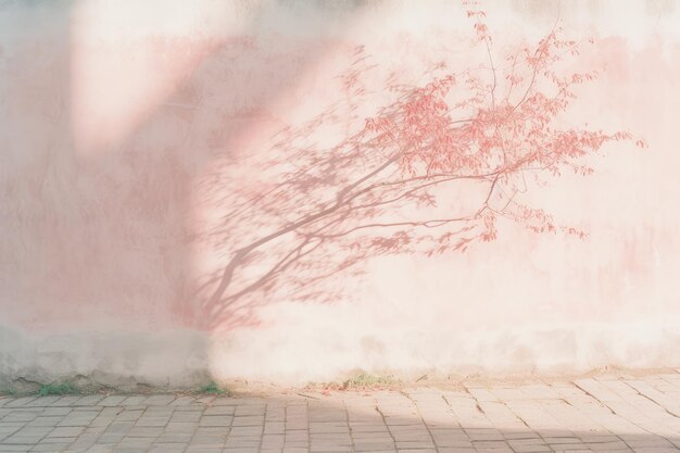 A man in a black suit stands in front of a pink wall with a tree on it.