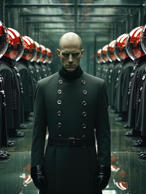 a man in a black suit stands in front of a row of red helmets