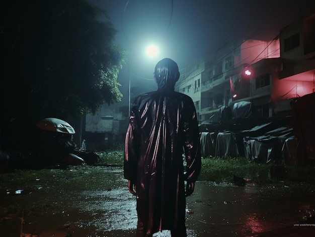 мужчина в черном костюме стоит под дождем перед освещенным зданием.