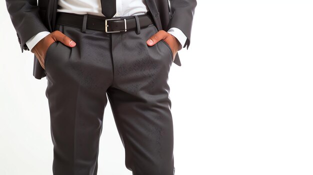 A man in a black suit and tie with hands in his pockets isolated on white background