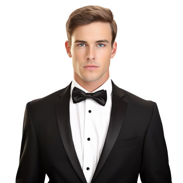 a man in a black tuxedo posing for a picture