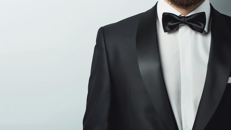 Photo man in a black tuxedo with a bow tie on white background formal attire concept