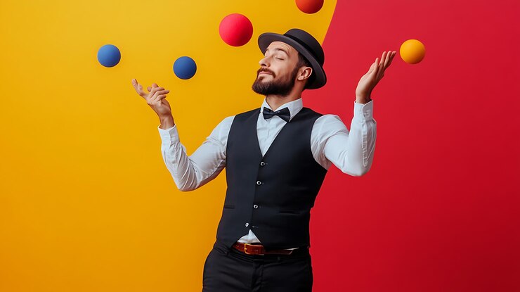 Photo man in black and white juggling colorful balls on a yellow and red background