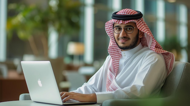 a man in a black and white shirt is using a laptop