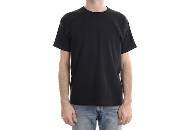 Man in blank black t-shirt isolated on white background