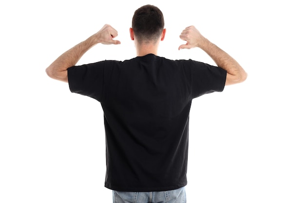 Man in blank black t-shirt isolated on white background