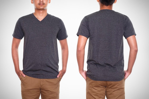 Man in blank gray tshirt front and rear isolated on gray background