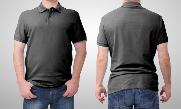 Man in blank t-shirt polo front and rear isolated.